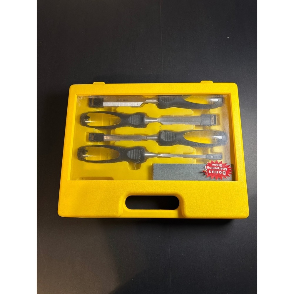 Tool Shop Wood Chisel Set 4pc 1/4 1/2 3/4 1" w/ Case & Sharpening Stone